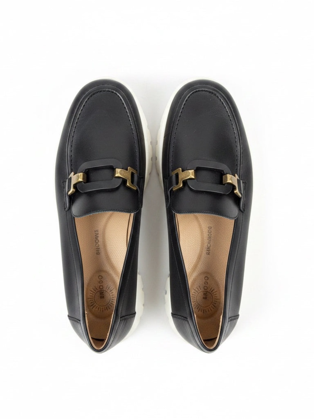 Black Leather Slip-On Loafers with Gold Accent and White Sole